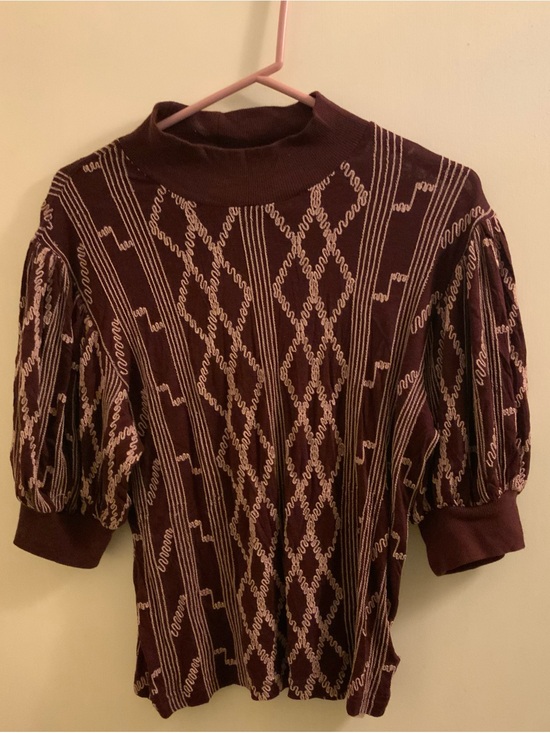 Free People Tops - Free People Burgundy Knit Puff-Sleeve Top with Pink Embroidered Pattern